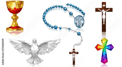 Illustration showing chalice, rosary, dove and crosses on a white background