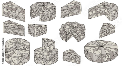 Various geometric shapes composed of triangles arranged in a pattern