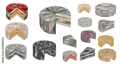 Assortment of polygonal cake slices and whole cakes in various colors