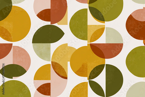 mid century modern geometric pattern with overlapping circles and semicircles in muted terracotta olive and mustard tones on ivory background clean retro illustration