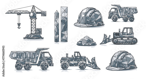Illustration of construction equipment and safety gear in gray tones