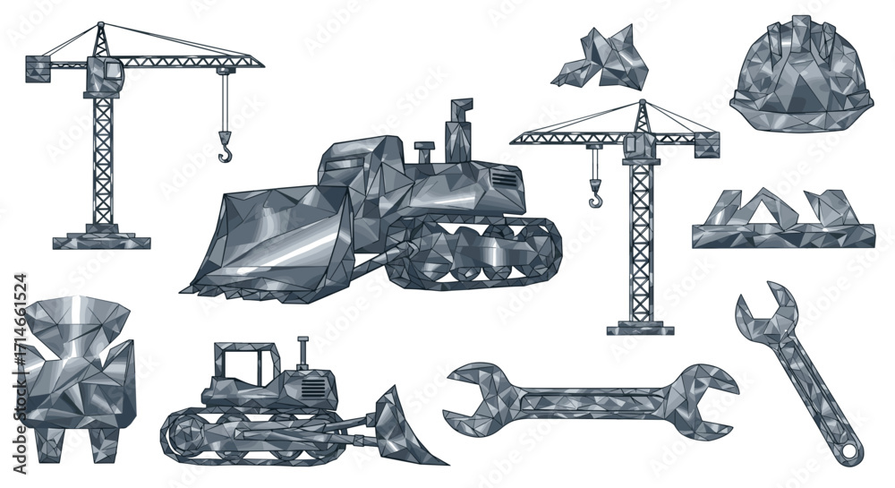 Obraz premium Illustration of construction equipment and tools in low poly style art