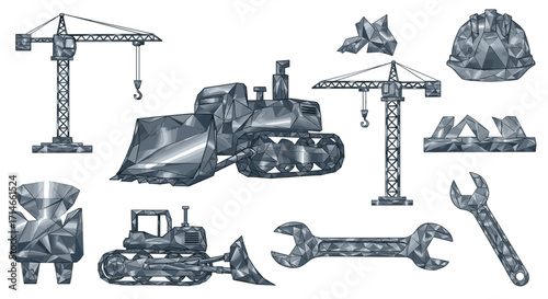 Illustration of construction equipment and tools in low poly style art