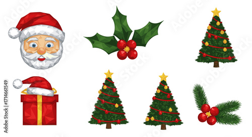 Illustration of santa claus, christmas trees, gift, and holly berries