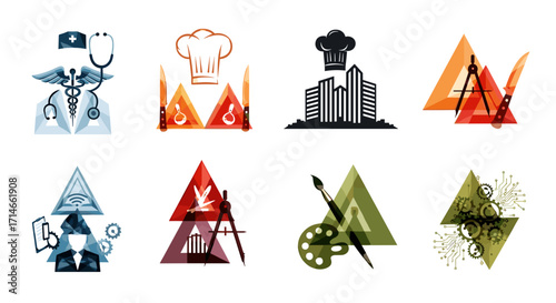 Illustrations depicting various professions and creative fields icons set