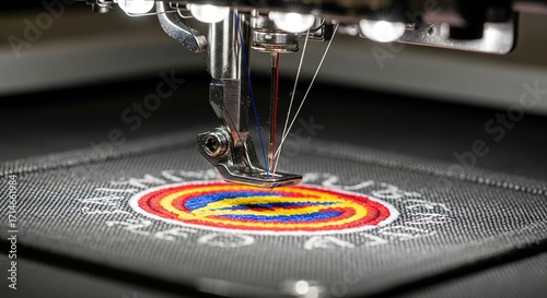 Close up of a detailed embroidered patch in process on industrial sewing machine
