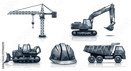 Illustration of construction vehicles and a hard hat on a white background