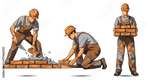 Three bricklayers in overalls and helmets working on a brick wall project