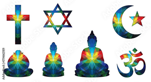 Illustrative religious symbols representing various world belief systems