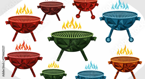 A pattern of colorful grills with flames on a white speckled background