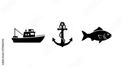 Maritime icons boat, anchor, and fish set
