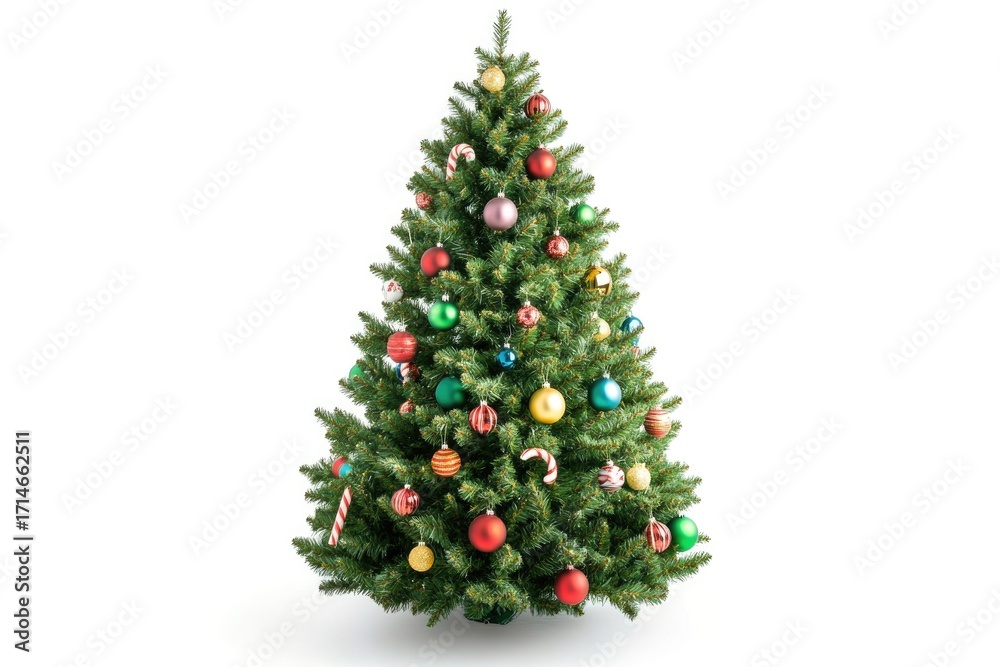 Fototapeta premium Festive christmas tree decorated with red ribbon, ornaments, and candy canes