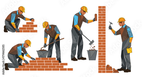 Illustrations depicting a construction worker building a brick wall up high