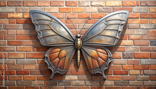 Fototapeta Naklejka Na Ścianę i Meble -  Ornate butterfly sculpture on brick wall