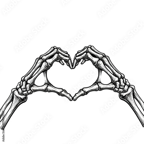 Skeleton hand forming a heart shape isolated on transparent background in black and white