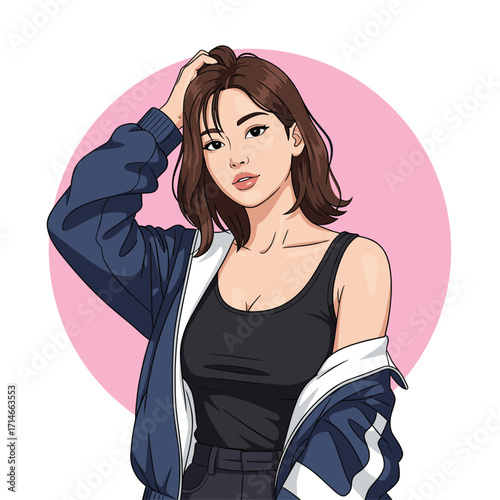 Stylish Young Woman in Casual Hoodie and Tank Top