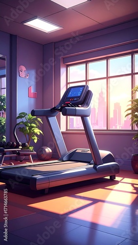 Gym interior, modern treadmill
