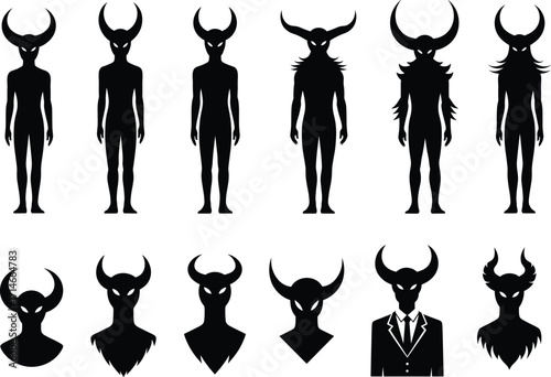 Horned demon silhouettes, fantasy creature vector set, mythical monster busts, dark character design, evil humanoid icons, horror illustration pack
