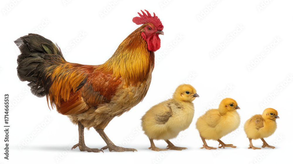 Fototapeta premium Bright red roosters, yellow small chickens, and family portraits of farm animals on a white background 