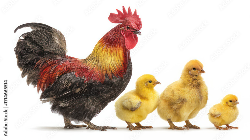 Fototapeta premium Bright red roosters, yellow small chickens, and family portraits of farm animals on a white background 