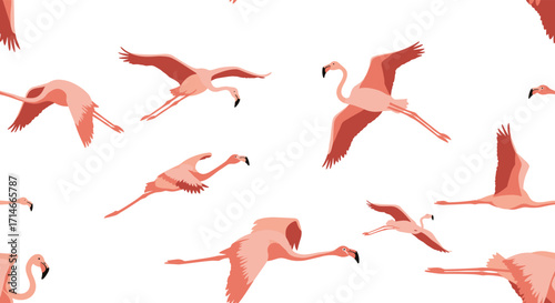 A flock of elegant pink flamingos takes flight across a white background pattern.