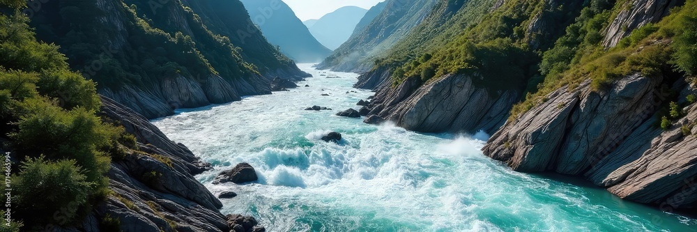 Obraz premium Dramatic Whitewater Rapids Surge Through Rocky Canyon, Untamed Natures Power