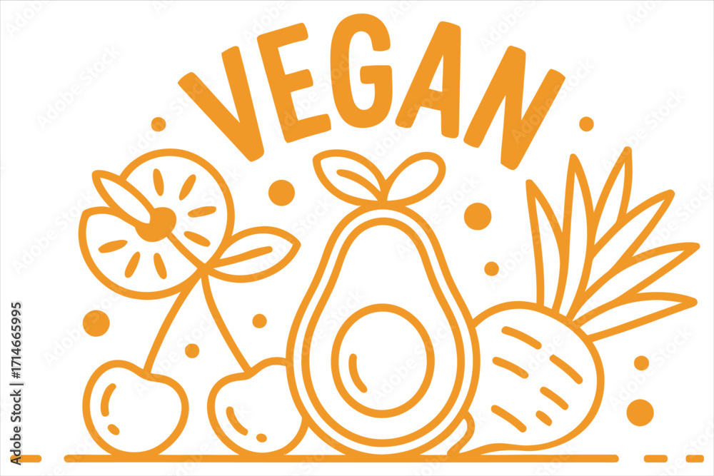 Fototapeta premium Orange Vegan Icon with Fruits like Pineapple Avocado and Cherry for Healthy Eating Promotion