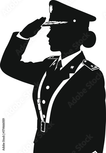 Military salute silhouette, soldier in uniform, black and white vector, army respect gesture, formal pose, peaked cap, discipline, honor, service