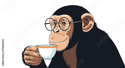 An intelligent chimpanzee wearing glasses enjoys a hot beverage from a small cup.