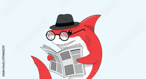 A charming cartoon shark wearing a hat and glasses reads the newspaper.