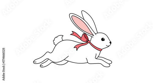 A white bunny with long ears and a pink ribbon around its neck hops joyfully across a white background.