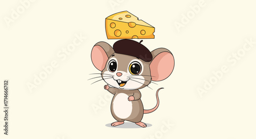 A cute cartoon mouse wearing a beret balances a wedge of cheese on its head.