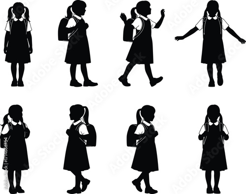 Schoolgirl silhouette vector set, black female student poses, backpack, pigtails, walking, standing, gesture, uniform, education, character design, isolated