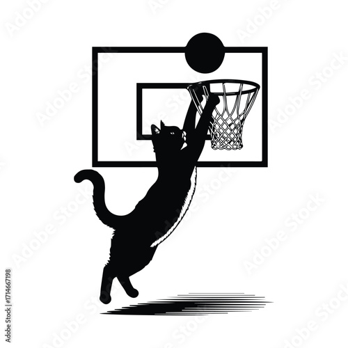 Dynamic black cat silhouette performing a slam dunk on a basketball hoop silhouette