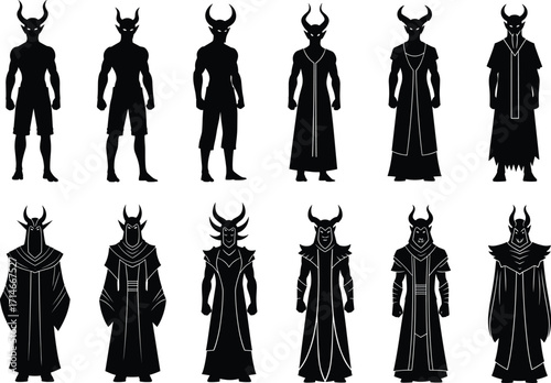 Silhouette demon character evolution, horned devil figures progression, fantasy creature design stages, dark mythical beings in ornate robes, vector illustration for storytelling