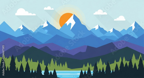 Mountain landscape vector illustration with lake forest and sun scenic nature background for outdoor design