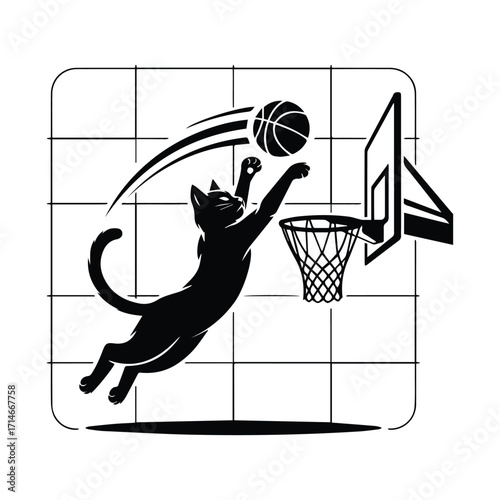 Agile black cat leaping to dunk a basketball in a hoop silhouette