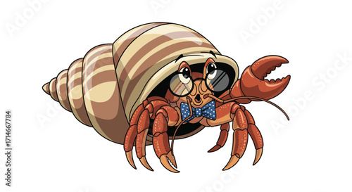 A charmingly dressed hermit crab sporting spectacles and a bow tie sits in a seashell home.