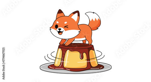 A cute little fox character is happily dancing on top of a delicious caramel pudding dessert.