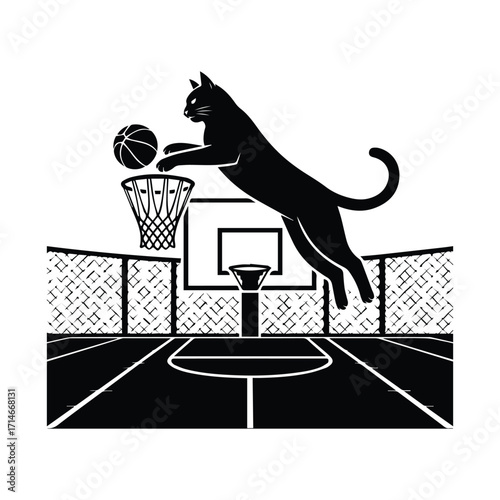 Athletic cat leaping for a slam dunk on a basketball court silhouette