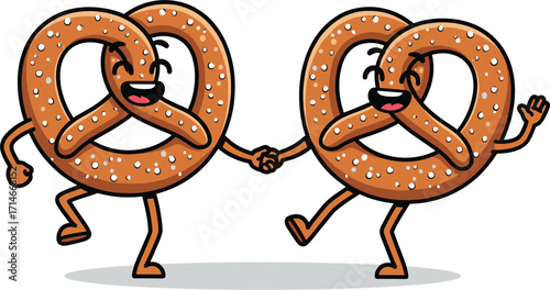 Two cartoon pretzels dancing together happily