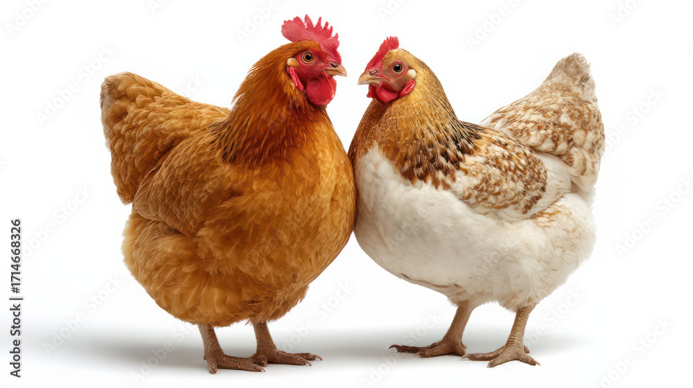 Fototapeta premium A studio photo of two hens isolated on white 