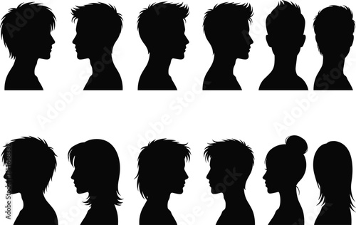Silhouette head profiles, diverse hairstyles, male and female side views, black vector icons, hairstyle collection, fashion design, character modeling elements