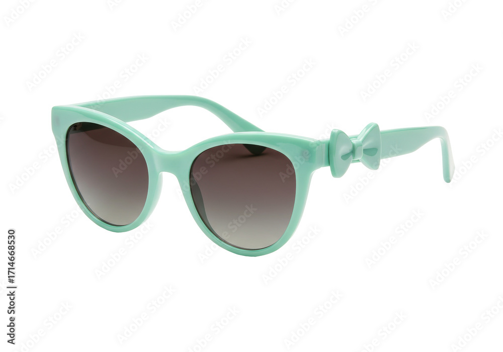 Fototapeta premium Isolated retro cat-eye sunglasses in mint green with bow decoration on temple, fashion item