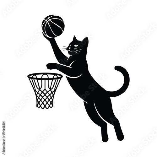 A black cat silhouette leaping to dunk a basketball into a hoop silhouette