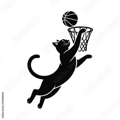 Playful black cat silhouette leaping to dunk a basketball into a hoop silhouette