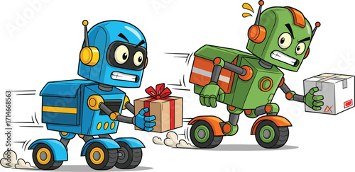 Two cartoon robots on wheels delivering gifts with happy and angry expressions