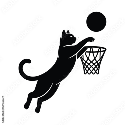 Playful black cat silhouette leaping to dunk a basketball into a hoop silhouette