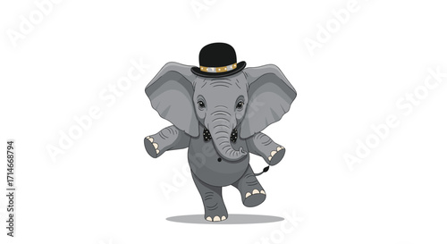 A cute cartoon elephant in a bowler hat dancing on one leg.