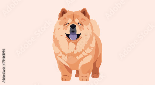 A fluffy tan chow chow dog with a purple tongue is smiling on a light pink background.